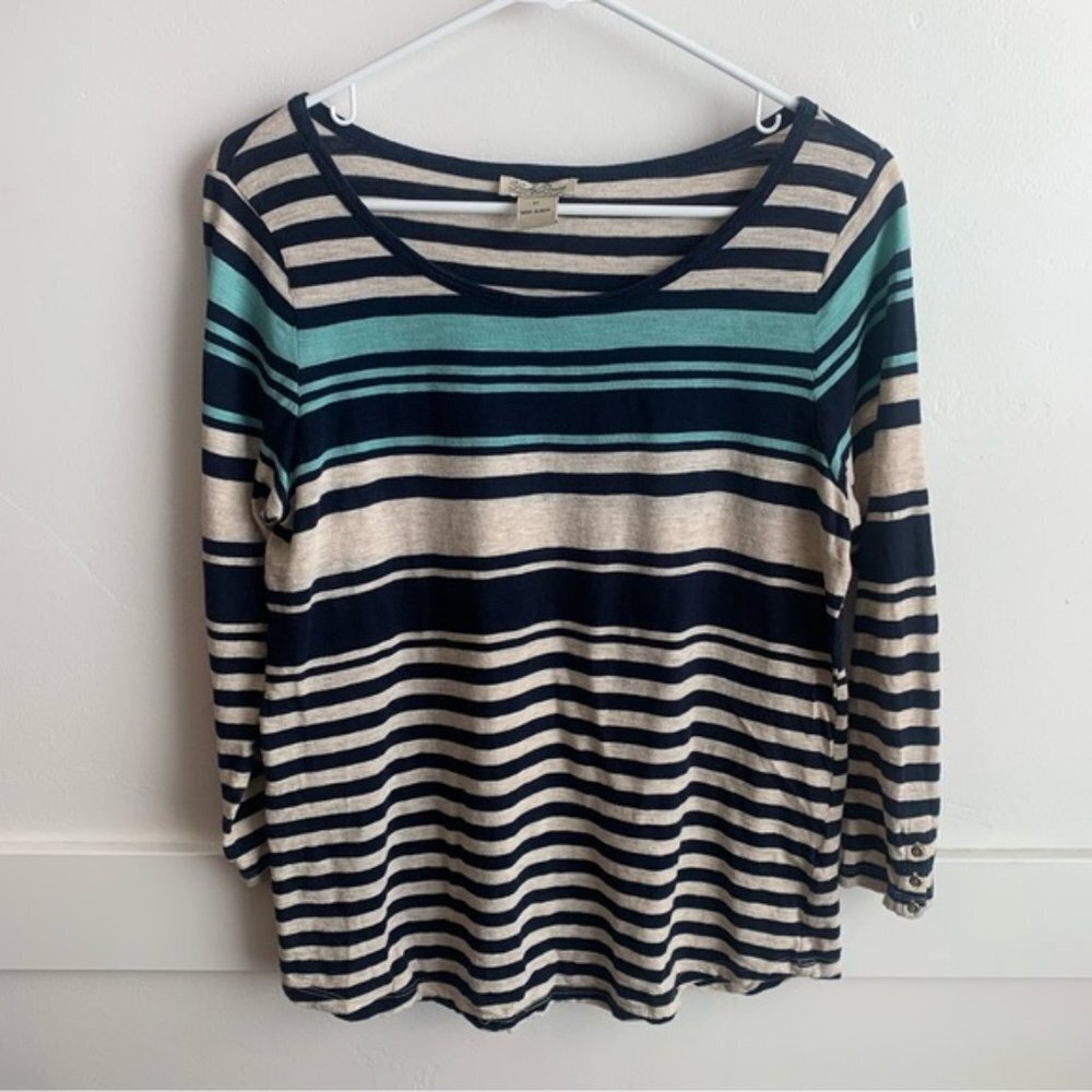Lucky Brand Navy, Cream, & Turquoise Striped Quarter Sleeve Shirt